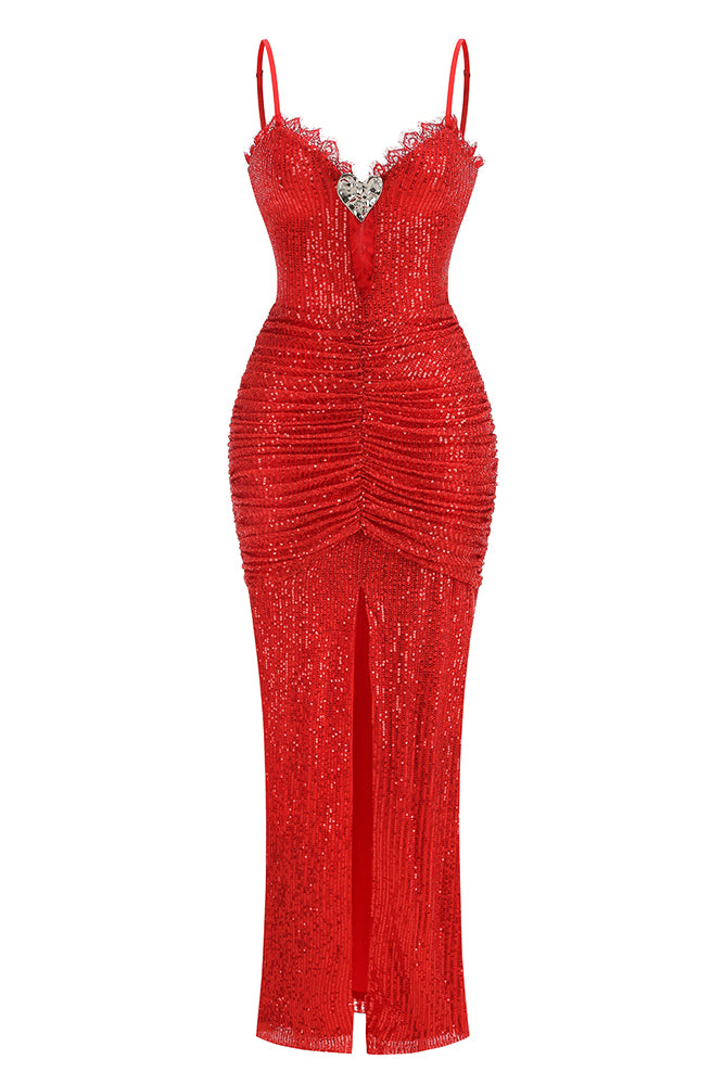 Lace Sequin-embroidered Ruched Dress