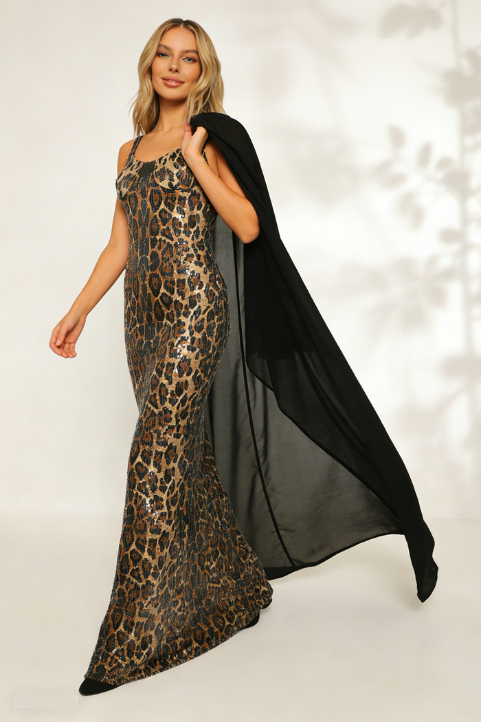 Leopard-print Caped Maxi Dress