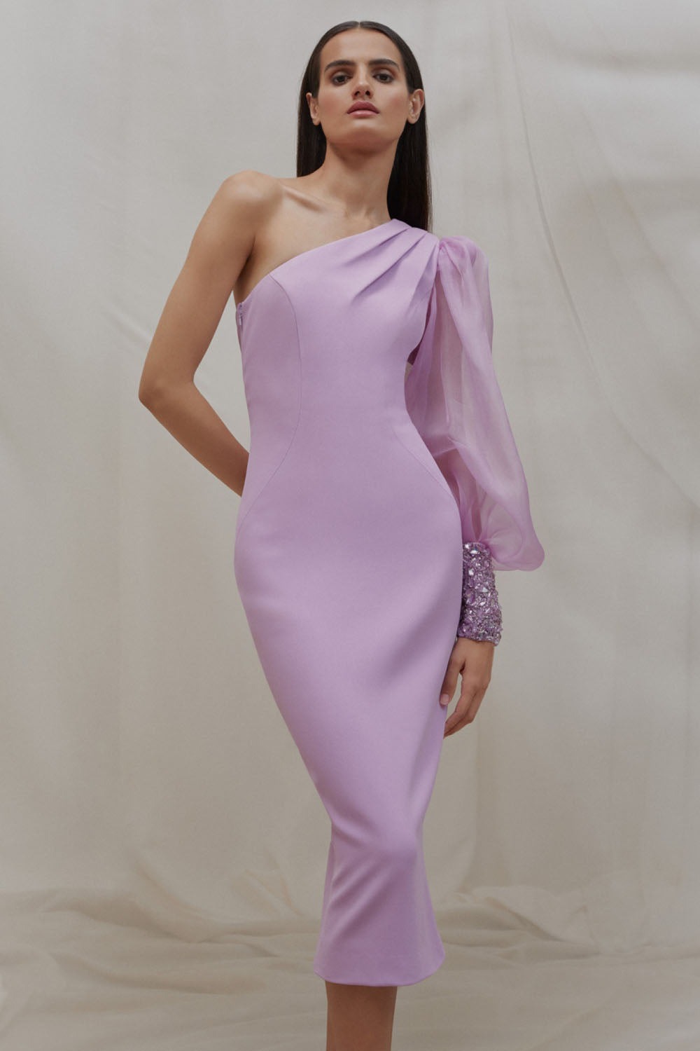 Lilac One-shoulder Midi Dress With Cape Sleeve IULOVER Lilac One-shoulder Midi Dress With Cape Sleeve IULOVER