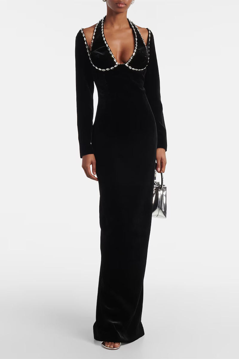 Long Sleeve Crystal-trim Gown