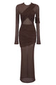 Long Sleeve Draped Mesh Gown