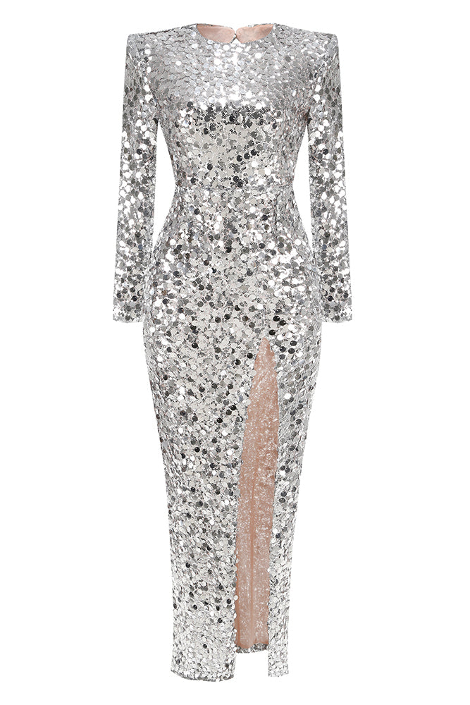 long sleeve silver sequin maxi dress Metallic Silver Maxi Dress: Long Sleeve Bodycon Cocktail Dress