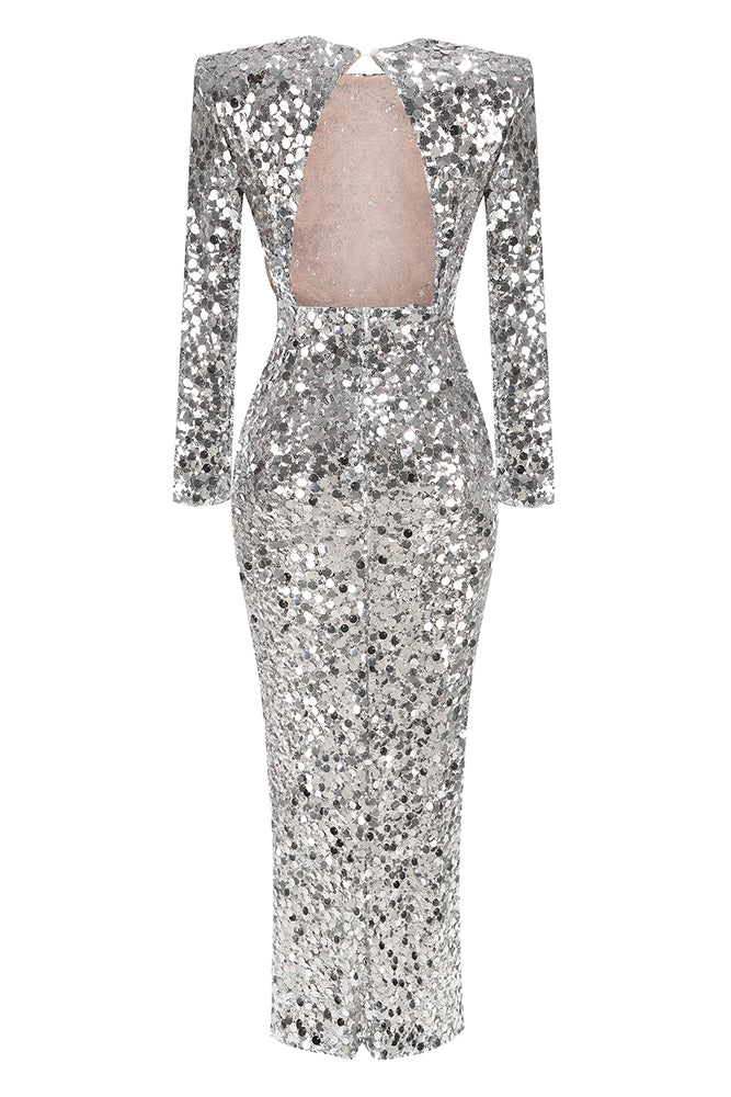 Long Sleeve Sequin Embellished Gown