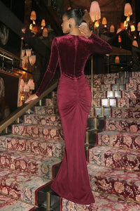 Long Sleeve Velvet Draped Maxi Cocktail Dress