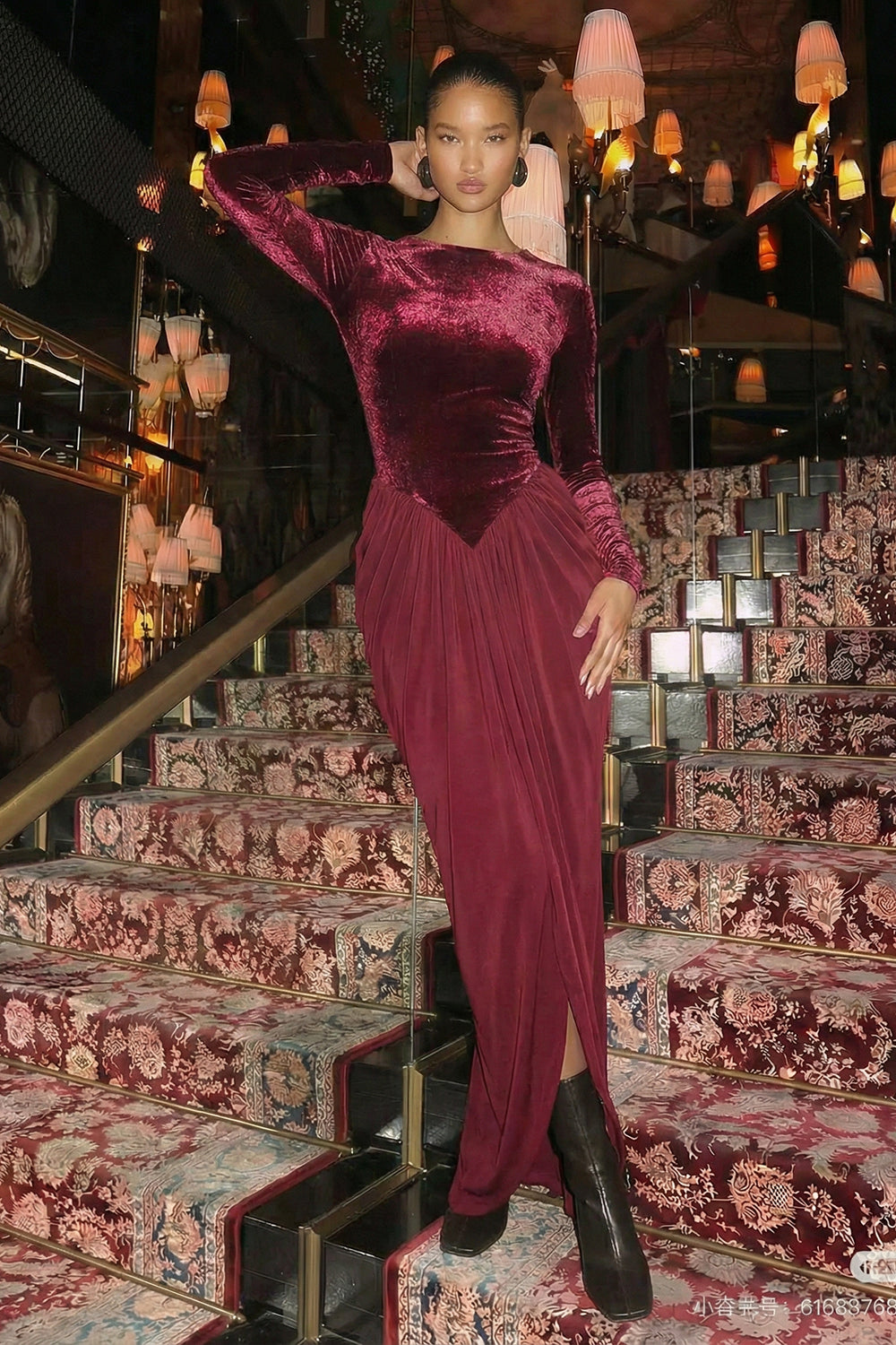 Long Sleeve Velvet Draped Maxi Cocktail Dress