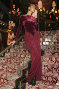 Long Sleeve Velvet Draped Maxi Cocktail Dress