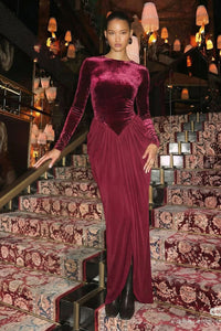 Long Sleeve Velvet Draped Maxi Cocktail Dress