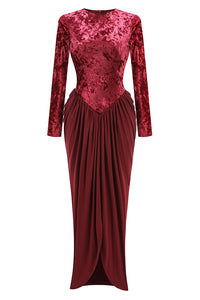 Long Sleeve Velvet Draped Maxi Cocktail Dress