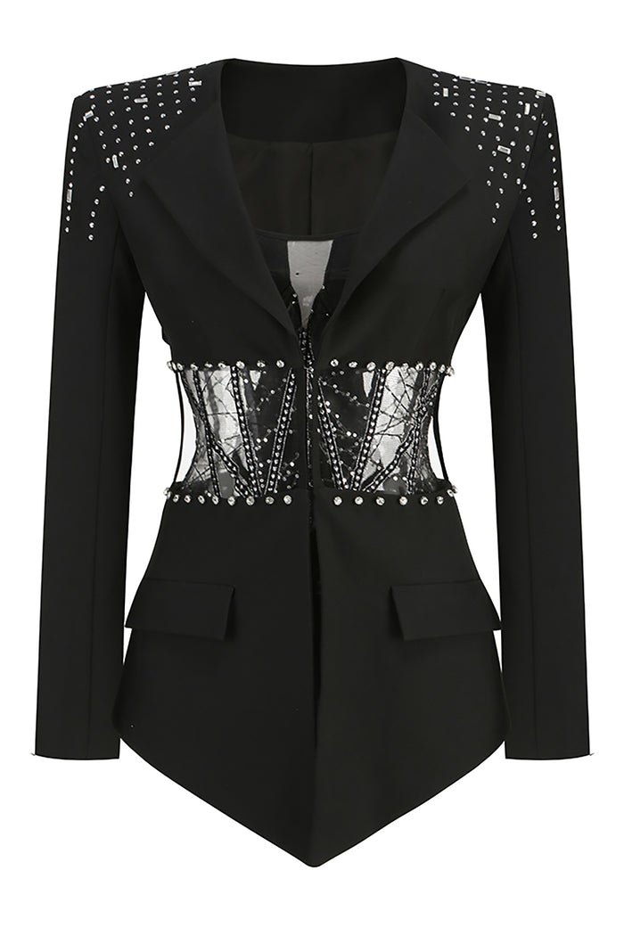 Strapless Bustier Rhinestone Blazer Two Pieces Sets