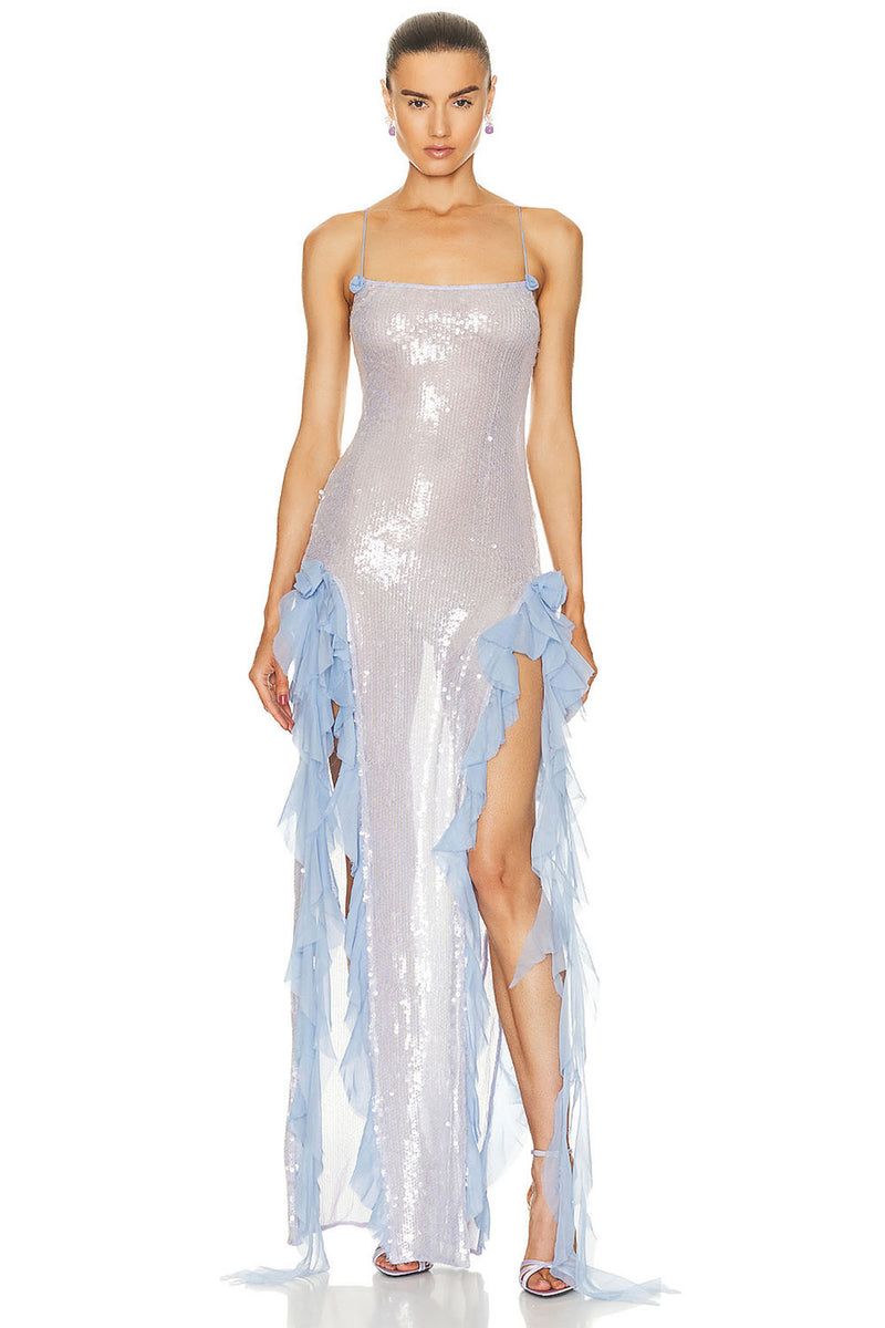 Magnetic Sensation Sequin Ruffled Maxi Dress In Pale Lavender