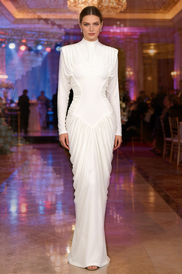 Mesh-Paneled Ruched Maxi Dress in White