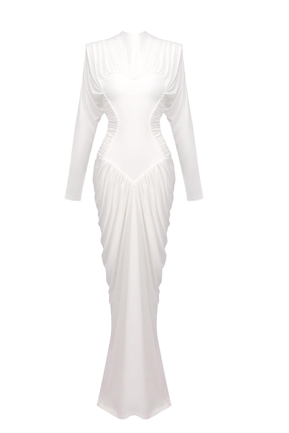 Mesh-Paneled Ruched Maxi Dress in White