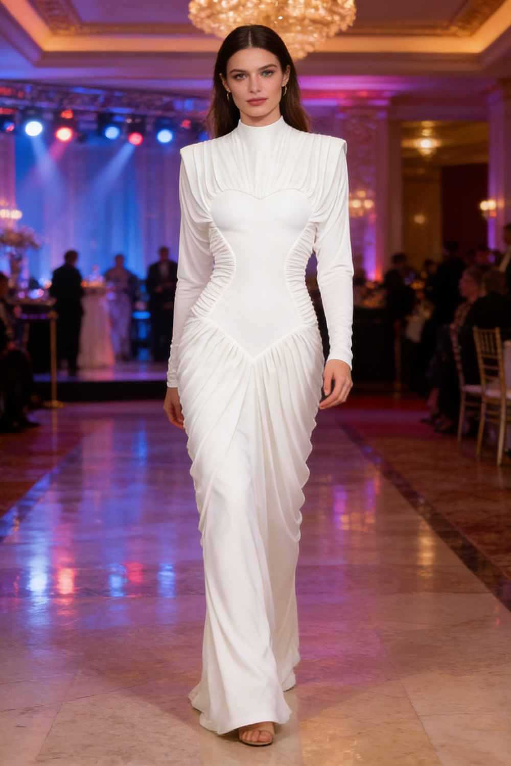 Mesh-Paneled Ruched Maxi Dress in White