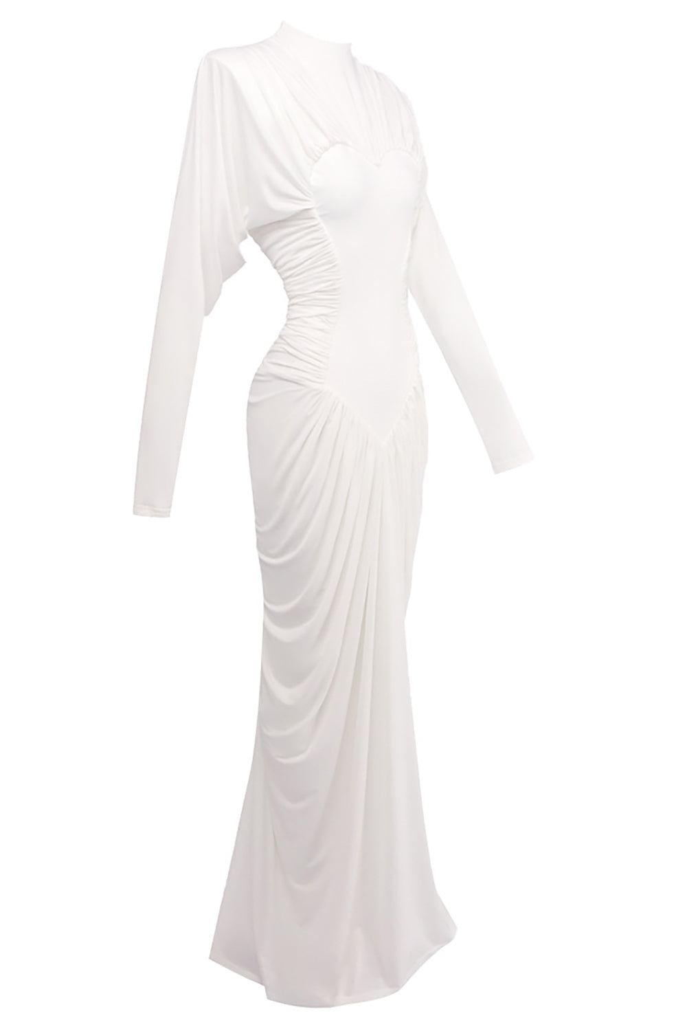 Mesh-Paneled Ruched Maxi Dress in White