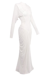 Mesh-Paneled Ruched Maxi Dress in White