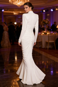 Mesh-Paneled Ruched Maxi Dress in White