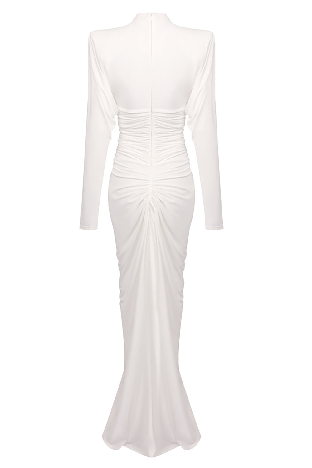Mesh-Paneled Ruched Maxi Dress in White