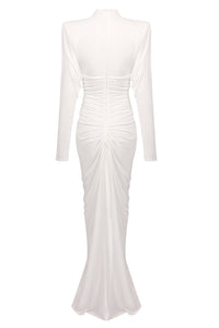 Mesh-Paneled Ruched Maxi Dress in White