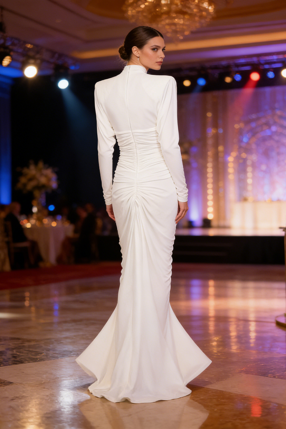 Mesh-Paneled Ruched Maxi Dress in White