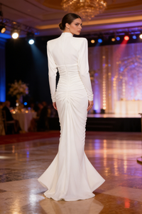 Mesh-Paneled Ruched Maxi Dress in White