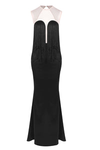 Mesh-paneled Fringe-detail Maxi Dress in Black