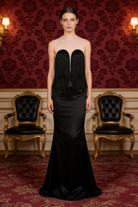 Mesh-paneled Fringe-detail Maxi Dress in Black