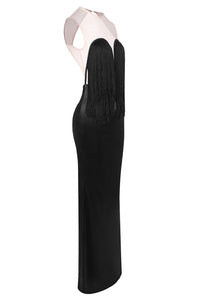 Mesh-paneled Fringe-detail Maxi Dress in Black