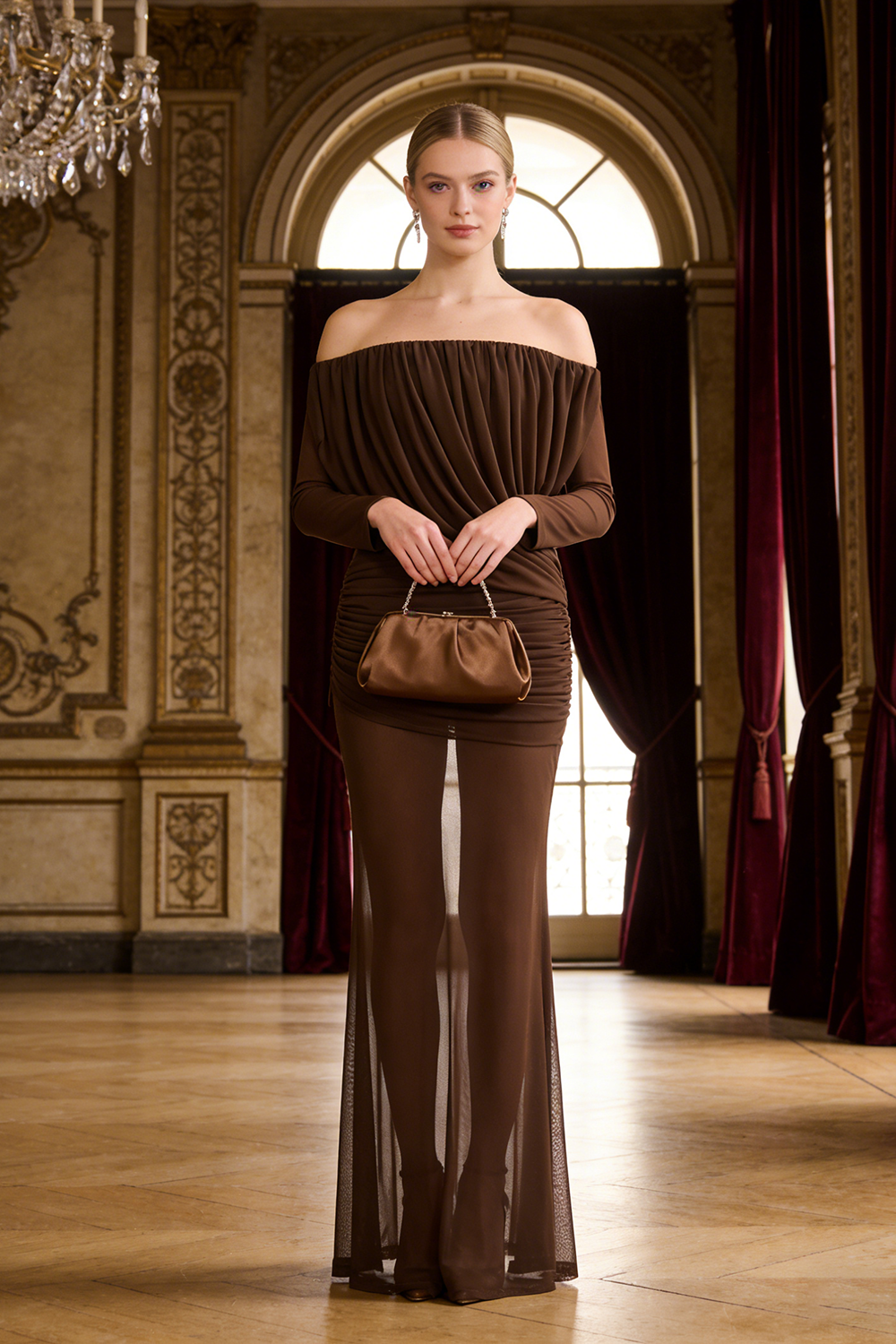 Mesh Bardot Layered Maxi Dress