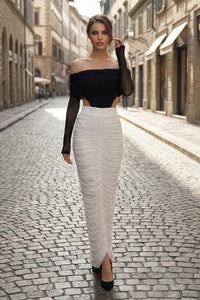 Mesh Sleeve Ruched Maxi Dress