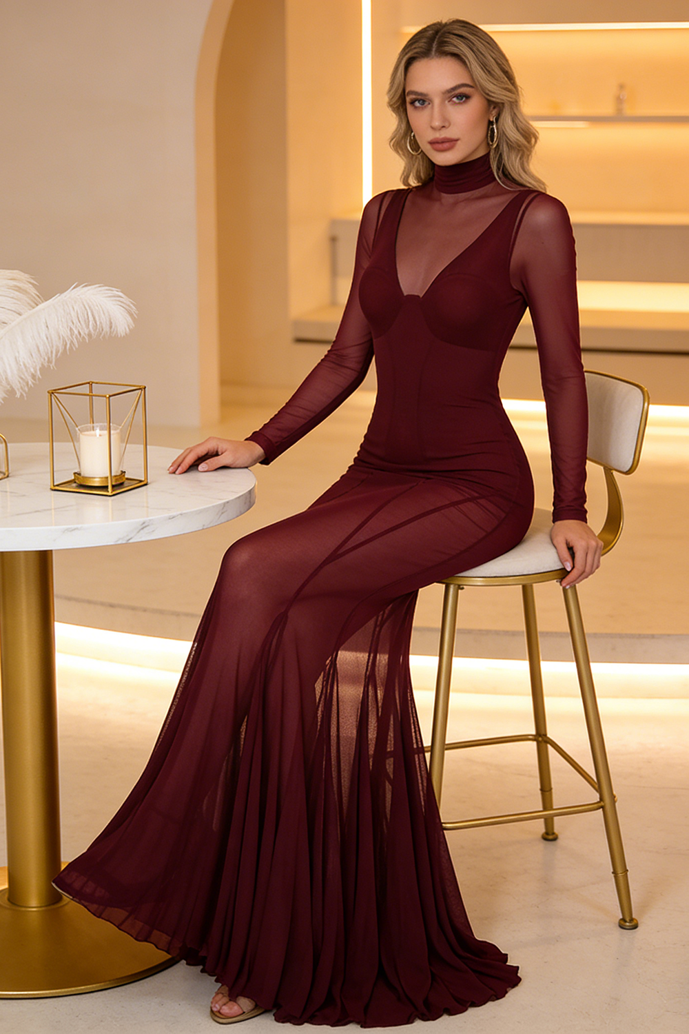 Mesh Tulle Maxi Dress in Burgundy