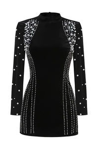 Mock Long Sleeve Pearl Velvet Dress