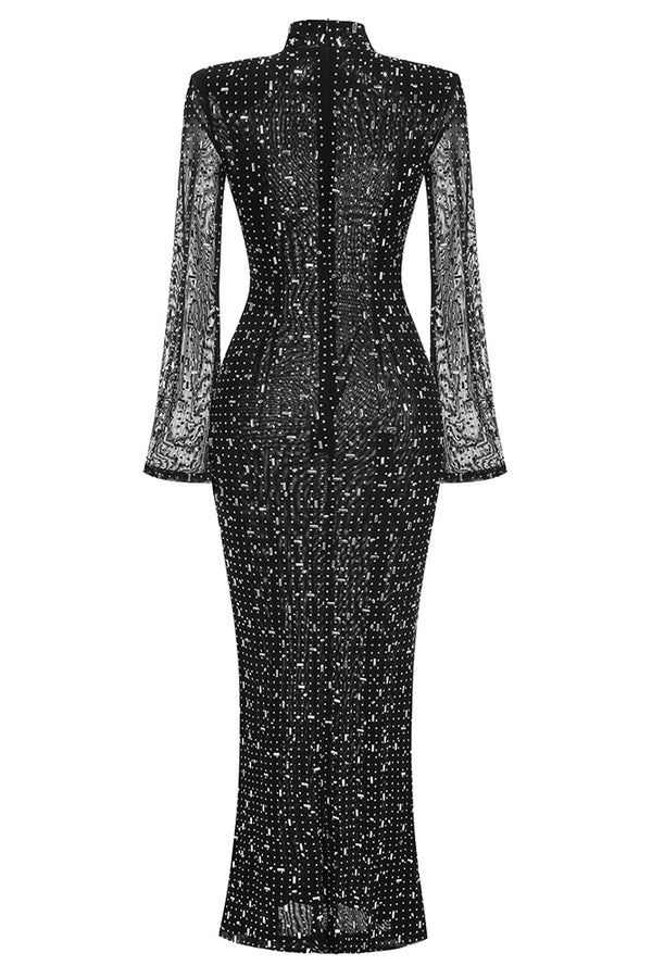 Mock Rhinestoned Mesh Maxi Dress