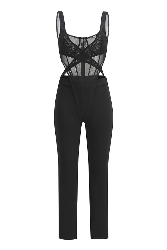 Net Boning Over Layer Catsuit Jumpsuit