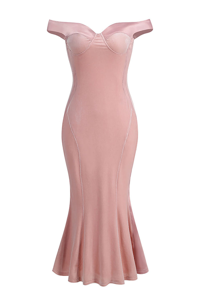 Polyester Spandex Off-shoulder Midi Dress