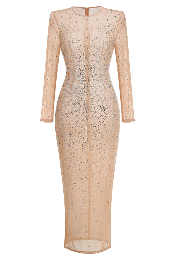 Nude Crystal Embellished Transparent Maxi Dress IULOVER Nude Crystal Embellished Transparent Maxi Dress IULOVER