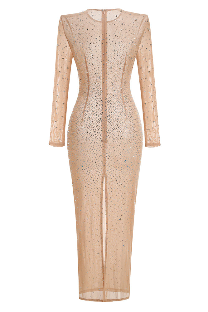 Nude Crystal Embellished Transparent Maxi Dress IULOVER Nude Crystal Embellished Transparent Maxi Dress IULOVER
