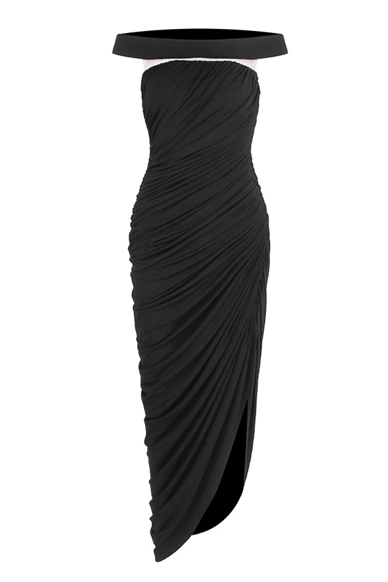 Off-Shoulder Draped Maxi Dress in Black