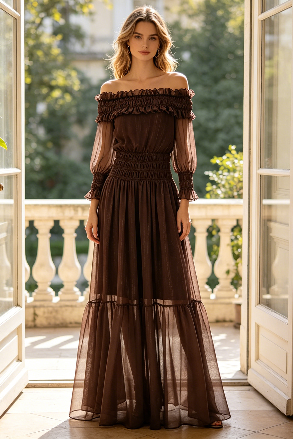 Off-Shoulder Shirred Maxi Dress in Brown