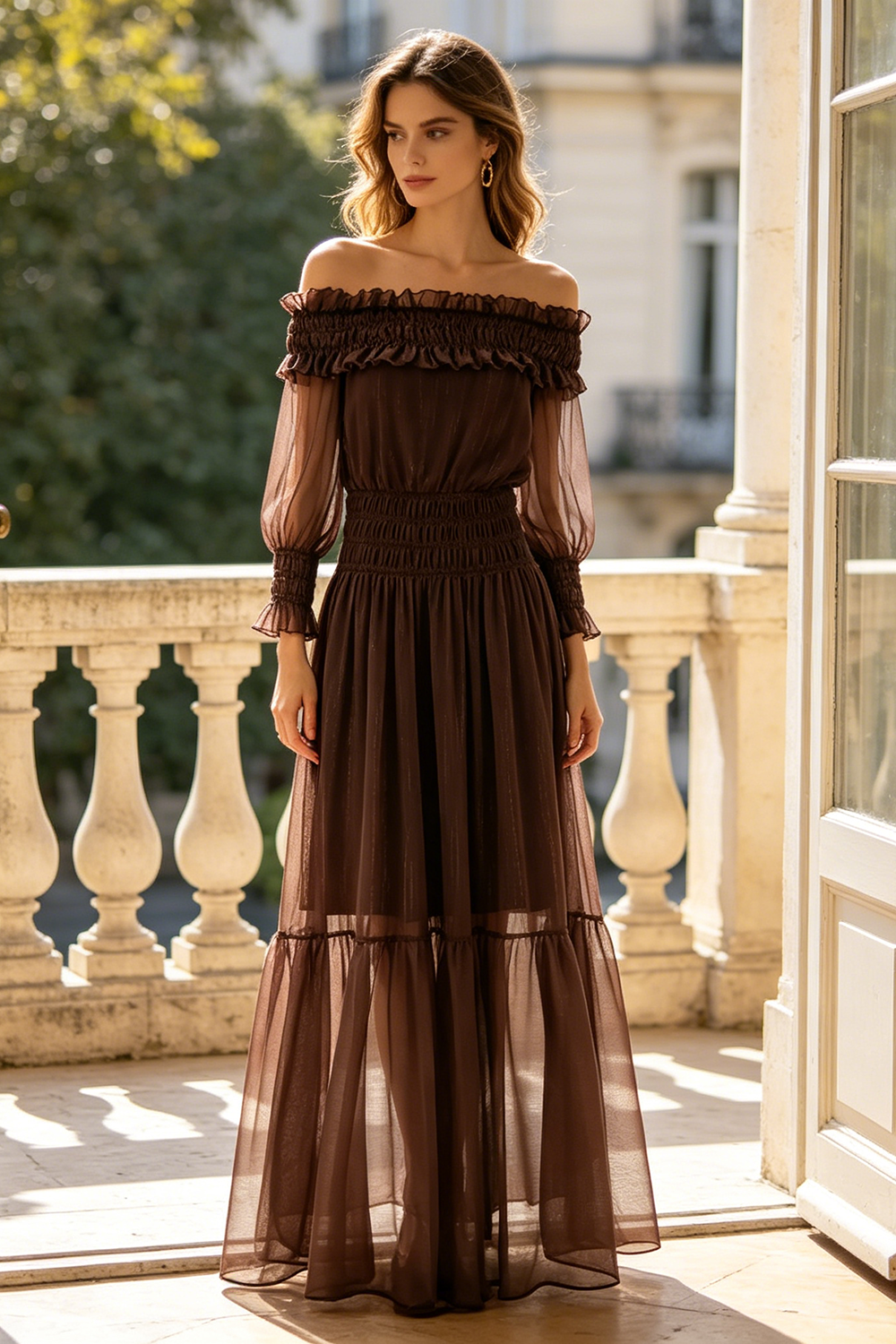 Off-Shoulder Shirred Maxi Dress in Brown