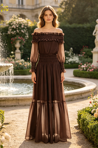 Off-Shoulder Shirred Maxi Dress in Brown