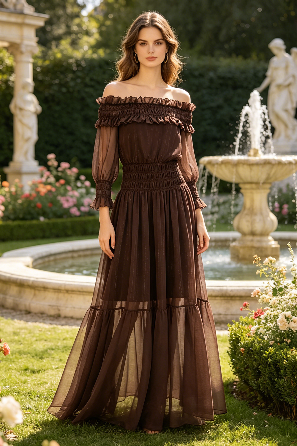 Off-Shoulder Shirred Maxi Dress in Brown