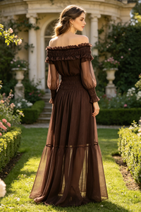 Off-Shoulder Shirred Maxi Dress in Brown