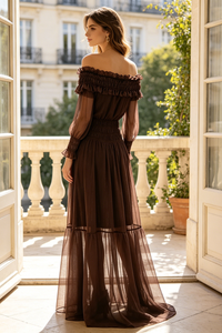 Off-Shoulder Shirred Maxi Dress in Brown