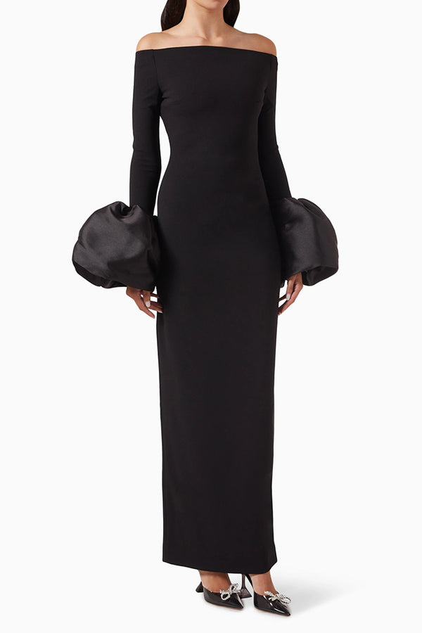 Off-The-Shoulder Puff-cuff Gown in Black