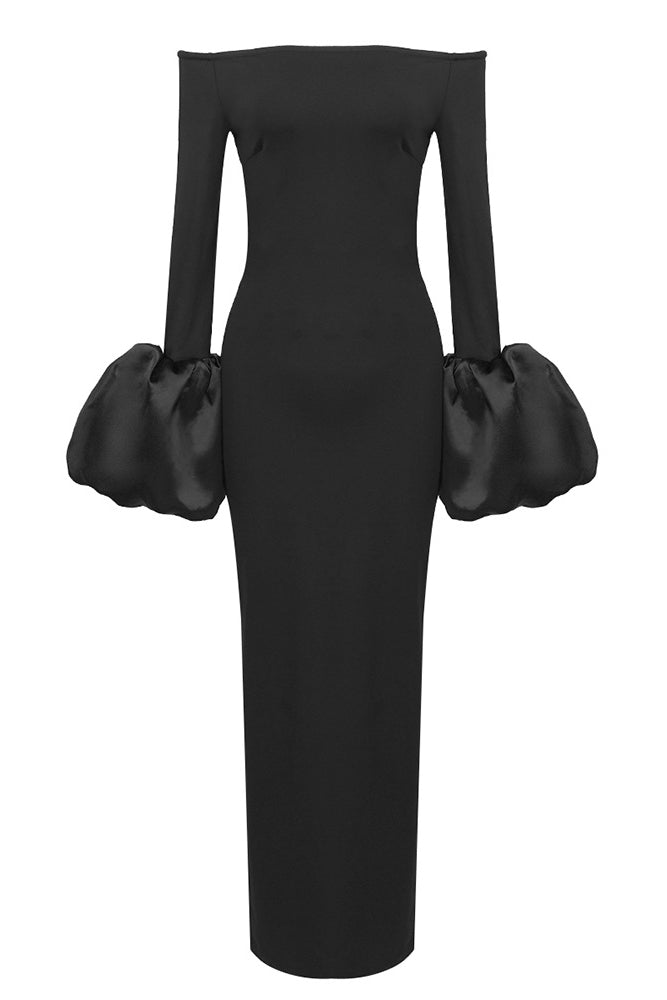 Off-The-Shoulder Puff-cuff Gown in Black