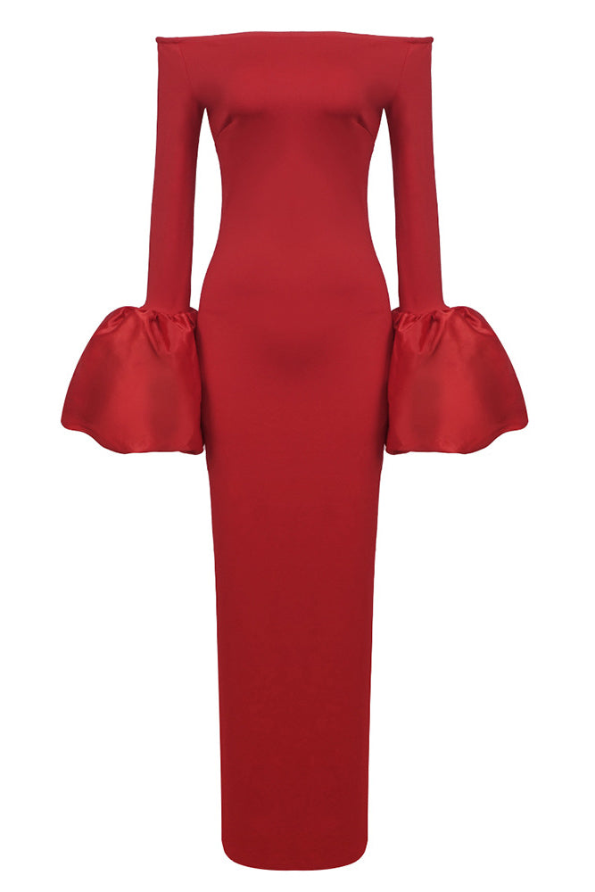 Off-The-Shoulder Puff-cuff Gown in Red Red / Large Off-The-Shoulder Puff-cuff Gown in Red Red / Large