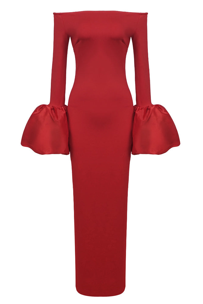 Off-The-Shoulder Puff-cuff Gown in Red