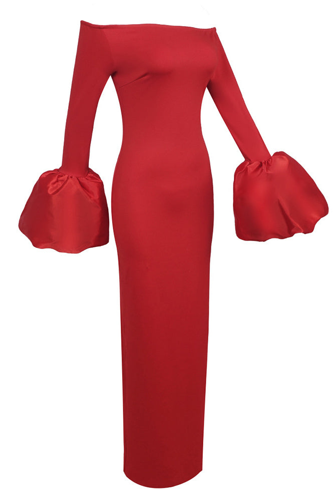 red off the shoulder puff sleeve dress Stunning Off-shoulder Red Satin Ball Gown Dress With Dramatic Puff Sleeves