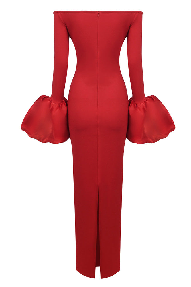 Off-The-Shoulder Puff-cuff Gown in Red Red / Large Off-The-Shoulder Puff-cuff Gown in Red Red / Large