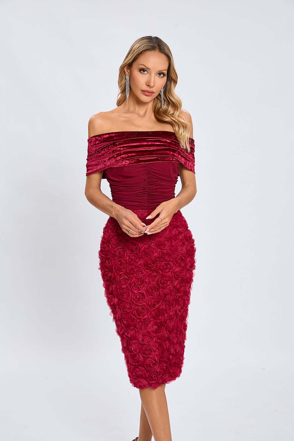 Off-shoulder Floral Midi Dress Burgundy / Medium Off-shoulder Floral Midi Dress Burgundy / Medium